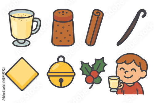 Festive Eggnog Icons. Flat vector mini-illustrations eggnog tasting table in colors children's illustrations: eggnog glass, nutmeg