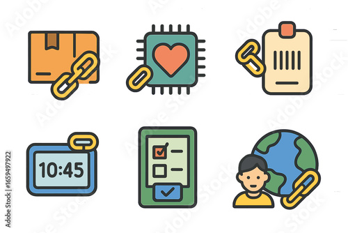 Blockchain Icons for Kids. Flat vector mini-illustrations blockchain technology in daily life in colors