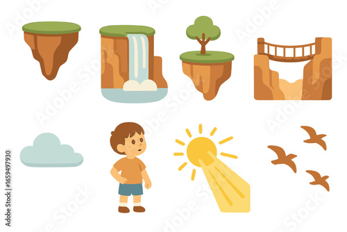 Floating Island Wonders. Flat vector mini-illustrations floating islands above a canyon in colors children's illustrations: