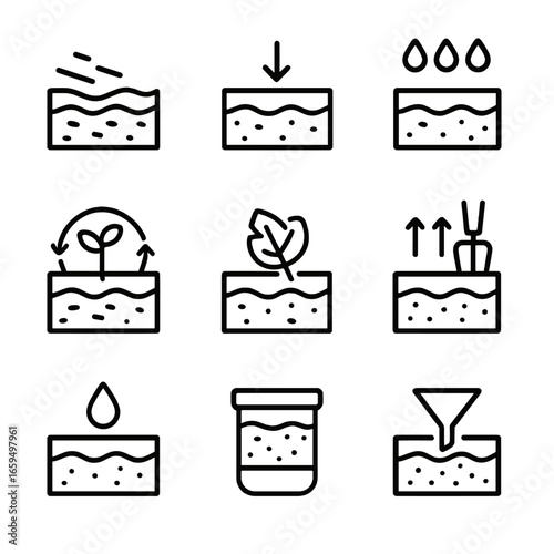 Soil Process Icons. Outline icon set of soil processes: erosion, compaction, leaching, nutrient cycle, decomposition, aeration,