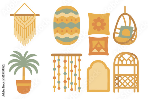 Boho Chic Interiors. Flat vector mini-illustrations boho chic interiors in colors children's illustrations: