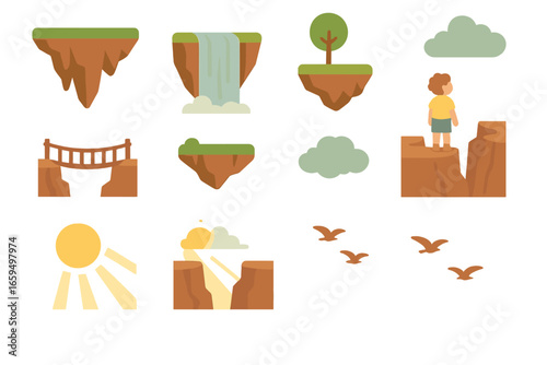Floating Island Wonders. Flat vector mini-illustrations floating islands above a canyon in colors children's illustrations: