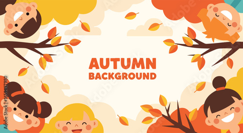 Adobe illustrator artwork vector illustration. A fall-themed background with a frame of autumn leaves and branches, featuring smiling, happy children's faces peeking out from the corners