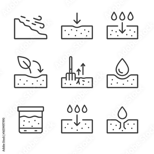 Soil Process Icons. Outline icon set of soil processes: erosion, compaction, leaching, nutrient cycle, decomposition, aeration,