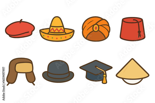 Cultural Hats Grid. Flat vector mini-illustrations cultural hats in colors children's illustrations: beret, sombrero, turban, fez,