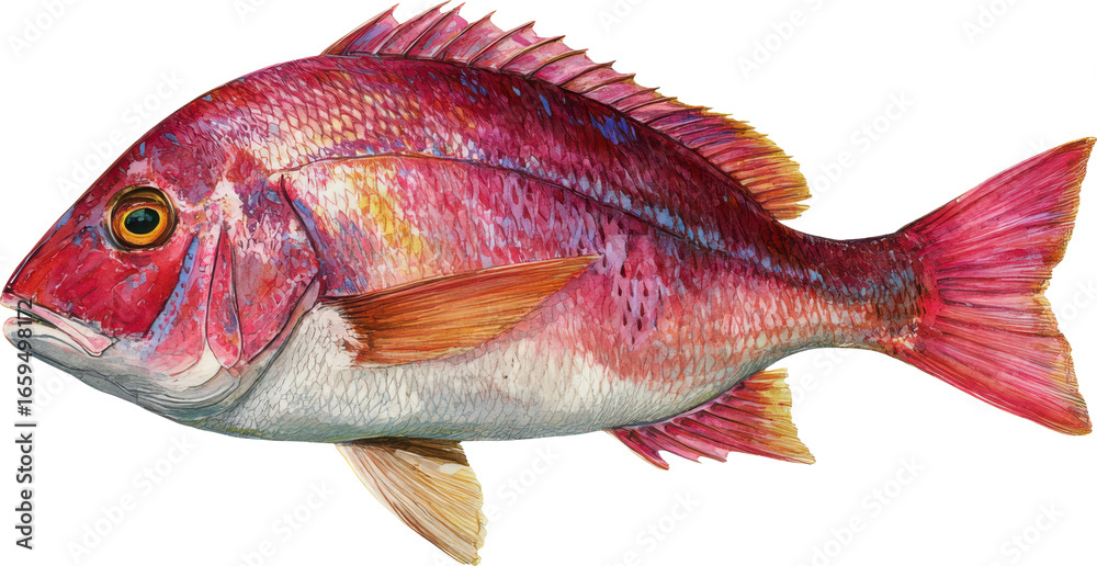 Fototapeta premium Vibrant red snapper fish portrait detailed scales fins tail vivid colors marine life Watercolor PNG