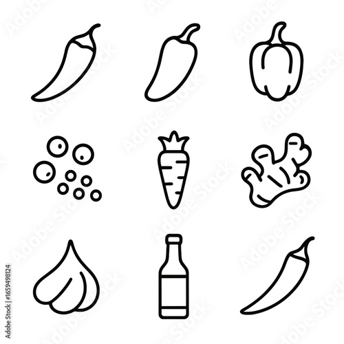 Spicy Foods Icons. Outline icon set of spicy foods and ingredients: chili pepper, jalapeño, habanero, cayenne, black pepper,