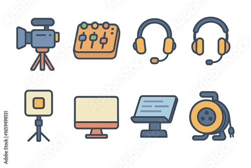 Broadcast Studio Icons. Flat vector mini-illustrations live broadcast studio in colors children's