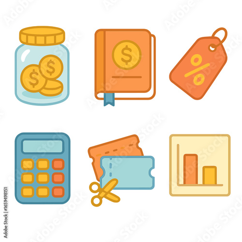 Budget-Friendly Shopping Icons. Flat vector mini-illustrations Budget-friendly shopping in colors children's