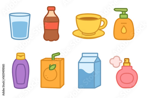 Daily Liquid Icons. Flat vector mini-illustrations liquids in daily life in colors children's illustrations: glass of water,