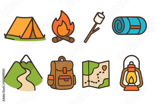 Budget Camping Icons. Flat vector mini-illustrations Camping on a budget in colors children's illustrations: