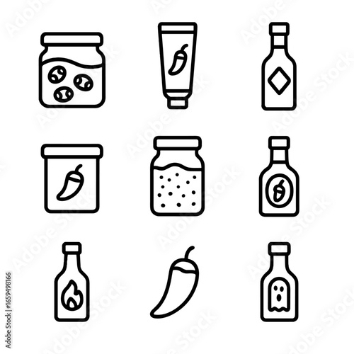 Spicy Sauce Icons. Outline icon set of sriracha alternative sauces: hot chili oil, harissa, tabasco, gochujang, sambal, peri-peri,