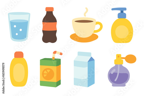 Daily Liquid Icons. Flat vector mini-illustrations liquids in daily life in colors children's illustrations: glass of water,