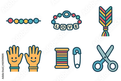 Friendship Bracelets Crafting. Flat vector mini-illustrations Friendship bracelets making in colors children's illustrations: