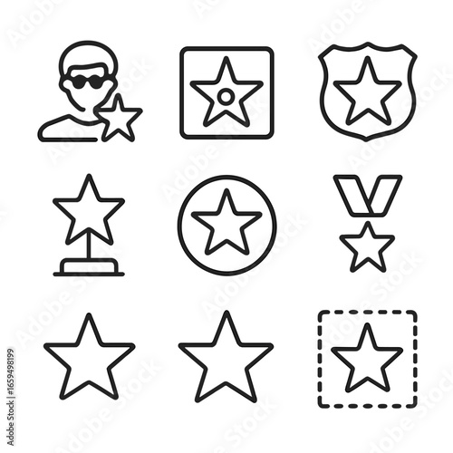 Star Icon Set. Outline icon set of star in culture and media: celebrity star, Hollywood star, star badge, star trophy, star emblem