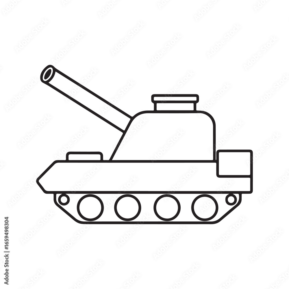 Obraz premium Simple tank line art illustration, military armored vehicle outline for coloring book or icon. 