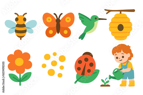 Garden Pollinators for Kids. Flat vector mini-illustrations pollinators in garden ecosystems in colors children's illustrations: