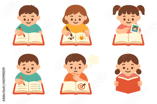 Diary Activities for Kids. Flat vector mini-illustrations diary keeping habits in colors children's illustrations: daily writing,