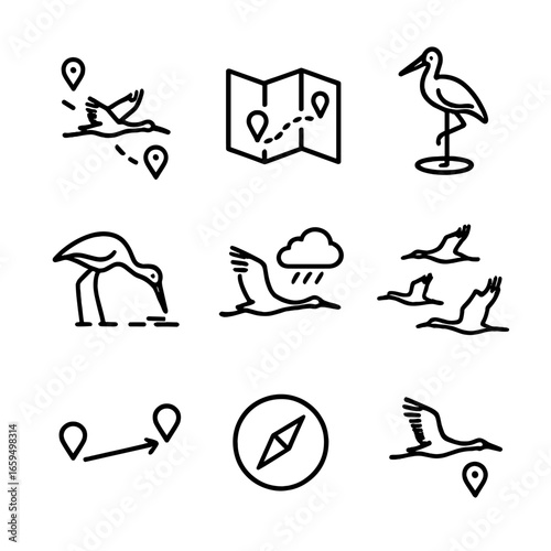 Stork Migration Icons. Outline icon set of stork migration: flying route, map, stopover, resting, feeding, weather, flock,