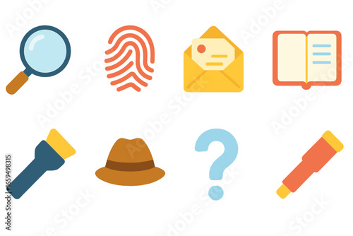 Detective Tools Icons. Flat vector mini-illustrations detective discovery in colors children's illustrations: magnifying glass,