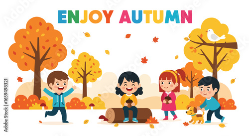 Adobe illustrator artwork vector illustration. Four happy children enjoying autumn in a park with colorful trees, falling leaves, a dog, and the text "ENJOY AUTUMN" at the top.