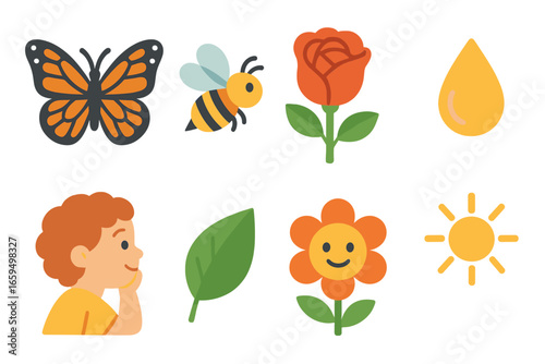 Garden Pollinators Delight. Flat vector mini-illustrations butterfly and pollinators in rose garden in colors children's