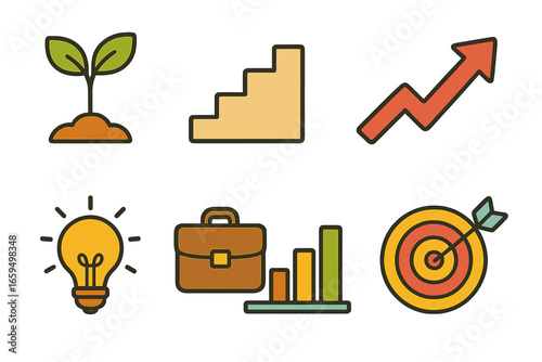 Business Growth Icons. Flat vector mini-illustrations business growth and scaling in colors children's