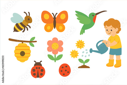 Garden Pollinators for Kids. Flat vector mini-illustrations pollinators in garden ecosystems in colors children's illustrations: