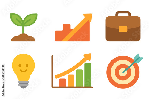 Business Growth Icons. Flat vector mini-illustrations business growth and scaling in colors children's