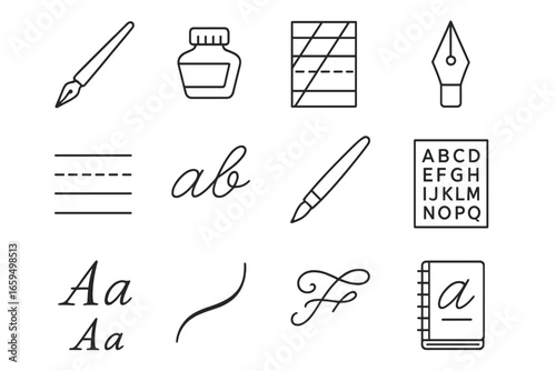 Calligraphy Icon Set. Outline icon set of calligraphy tutorials: dip pen, ink bottle, practice sheet,