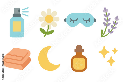Calming Bedroom Scents. Flat vector mini-illustrations calming bedroom scents in colors children's