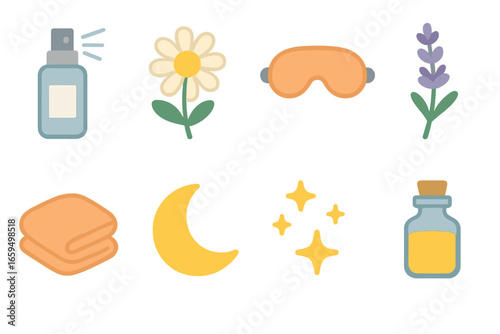 Calming Bedroom Scents. Flat vector mini-illustrations calming bedroom scents in colors children's