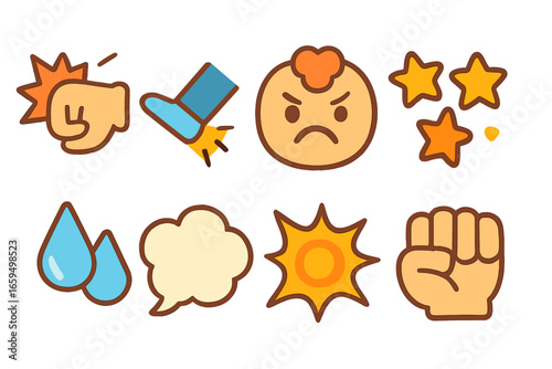 Dynamic Comic Icons. Flat vector mini-illustrations fighting impact in colors children's illustrations: fist punch, kick strike,