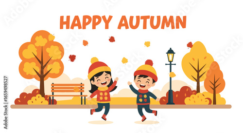 Adobe illustrator artwork vector illustration. Two joyful children in winter hats and scarves playing amidst falling leaves in a park with "Happy Autumn" text, benches, and streetlights