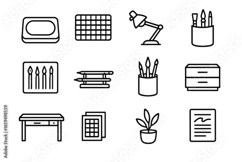 Calligraphy Tools Icons. Outline icon set of calligraphy studio tools: ink tray, table mat, adjustable lamp,