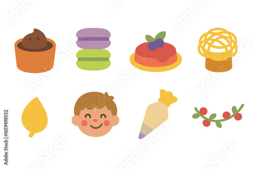 Gourmet Dessert Icons. Flat vector mini-illustrations dessert gourmet creations in colors children's illustrations: chocolate
