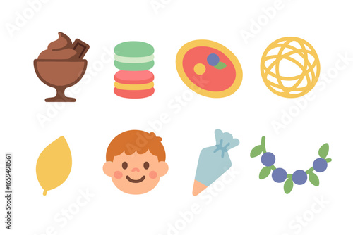 Gourmet Dessert Icons. Flat vector mini-illustrations dessert gourmet creations in colors children's illustrations: chocolate