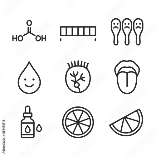 Tangy Flavor Icons. Outline icon set of tangy flavor chemistry: citric acid molecule, pH scale, sour taste buds, saliva droplet,