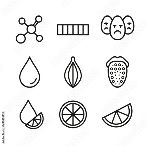 Tangy Flavor Icons. Outline icon set of tangy flavor chemistry: citric acid molecule, pH scale, sour taste buds, saliva droplet,