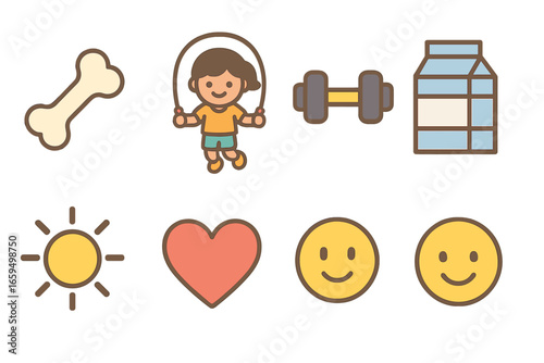 Healthy Bones Icons. Flat vector mini-illustrations bone density improvement in colors children's illustrations: bone icon, child