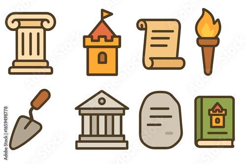 Historic Adventure Icons. Flat vector mini-illustrations Historical site explorations in colors children's illustrations: ancient