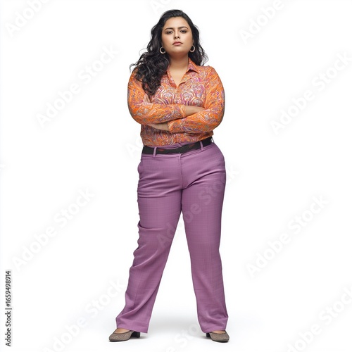 Confident Portrait of a Curvy Fashion Model in Professional Attire Showcasing Plus Size Formal Clothing and Vibrant Colors