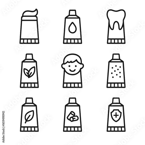 Toothpaste Icon Grid. Outline icon set of toothpaste types: whitening toothpaste, fluoride toothpaste, sensitive teeth toothpaste,