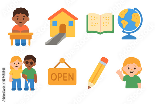 Inclusive Classroom Icons. Flat vector mini-illustrations inclusive classroom environment in colors children's illustrations:
