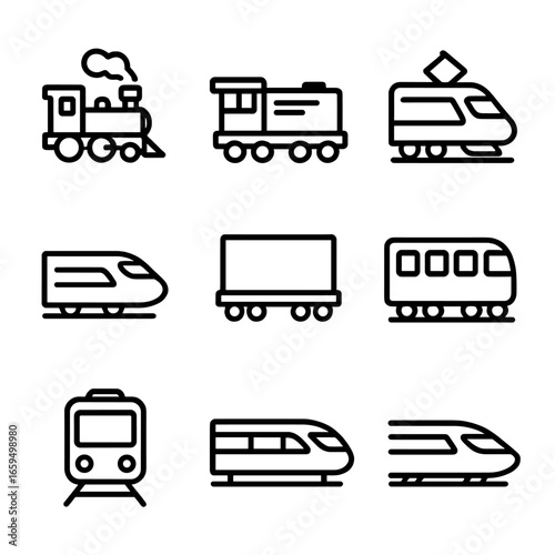 Train Icon Set. Outline icon set of train types: steam locomotive, diesel engine, electric train, bullet train, freight train,