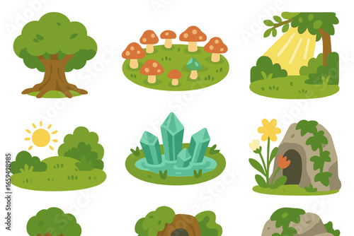 Enchanting Forest Icons. Flat vector mini-illustrations dryad environment in colors children's illustrations: ancient oak tree,