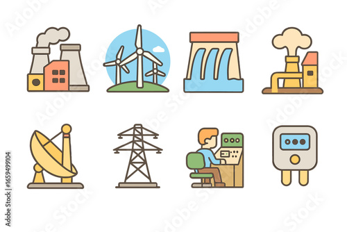 Energy Production Icons. Flat vector mini-illustrations turbines in energy production in colors children's illustrations: power