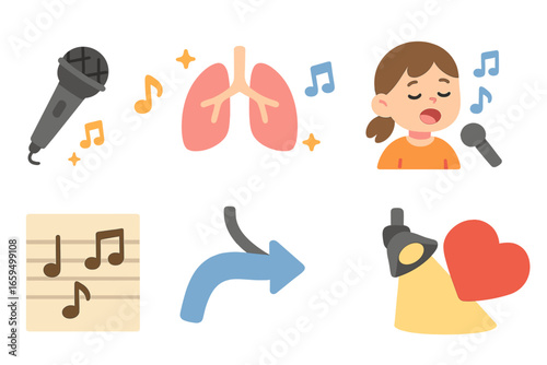 Kids Singing Illustrations. Flat vector mini-illustrations singing breath control in colors children's illustrations: microphone,