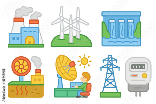 Energy Production Icons. Flat vector mini-illustrations turbines in energy production in colors children's illustrations: power