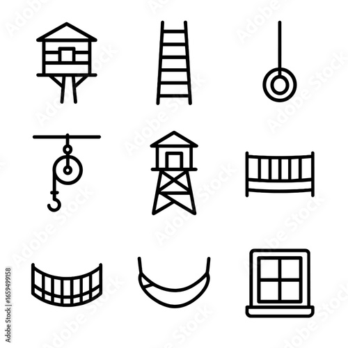 Treehouse Icon Set. Outline icon set of treehouse: wooden treehouse, ladder, rope swing, pulley system, lookout tower, balcony,
